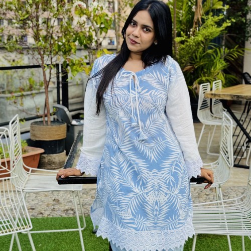 Premium Slab Print Cotton Fabric – Sky Blue Floral Print