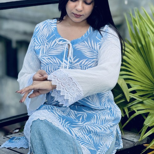 Premium Slab Print Cotton Fabric – Sky Blue Floral Print