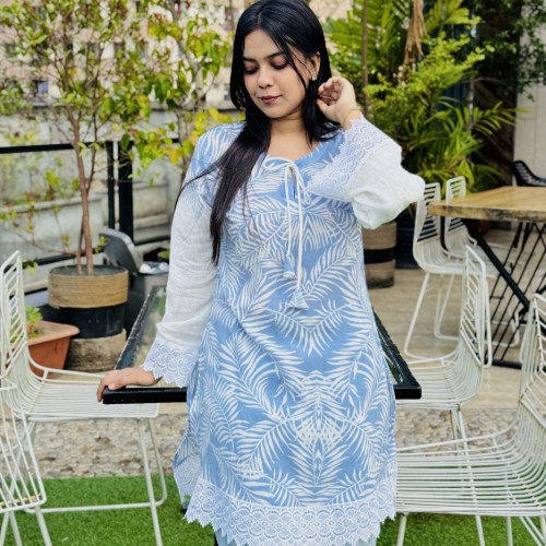 Premium Slab Print Cotton Fabric – Sky Blue Floral Print