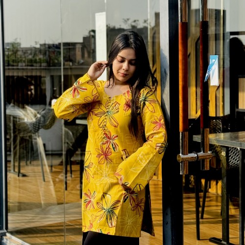 Premium Silk Chiffon Cotton Fabric – Yellow Floral Print