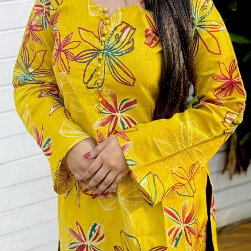 Premium Silk Chiffon Cotton Fabric – Yellow Floral Print