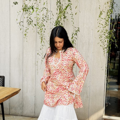 Premium Cotton Linen Chapa Fabric – Red Mixed Color Print