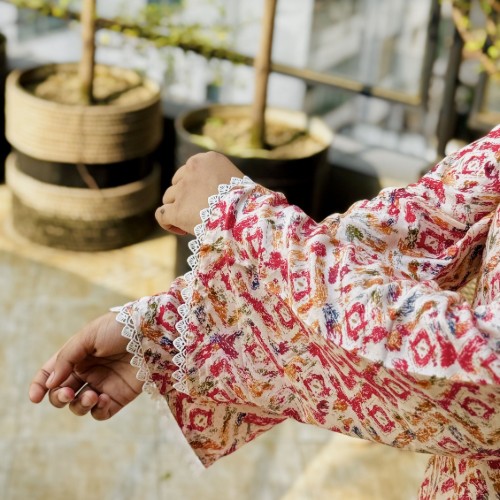 Premium Cotton Linen Chapa Fabric – Red Mixed Color Print