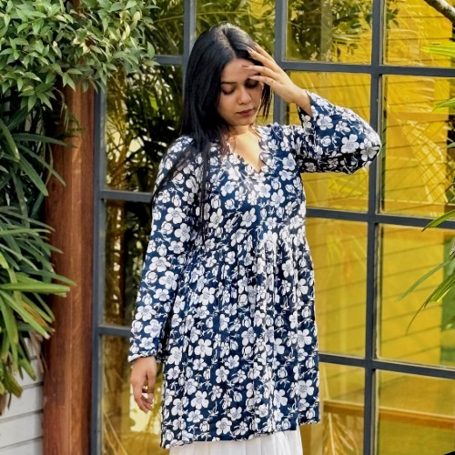 Premium Cotton Linen Chapa Fabric – Blue Mini Floral Print